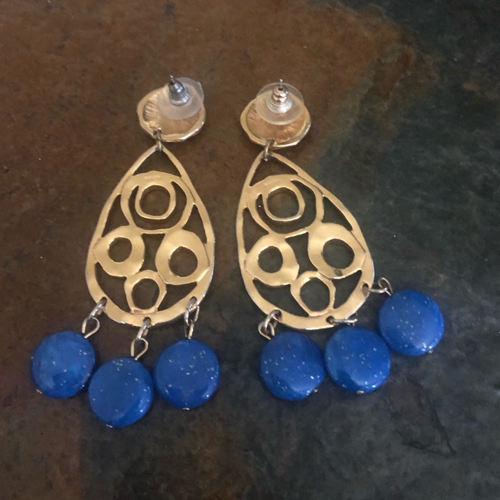 Gold Earrings with Blue Stones - Picture 2 of 3